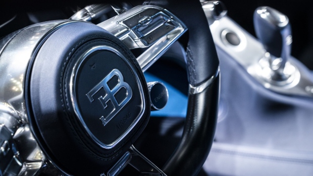 The steering wheel of a Bugatti Automobiles SAS Chiron Sport vehicle 