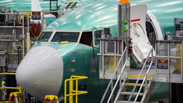 The Boeing Co. 737 MAX 8 airplane stands on the production line at the company's manufacturing facility in Renton, Washington, U.S., on Monday, Dec. 7, 2015.