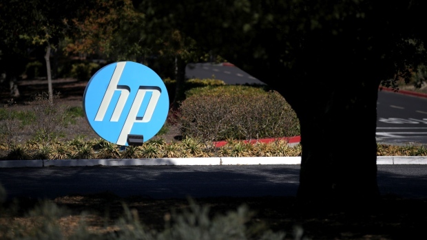 GETTY IMAGES - Hewlett Packard (HP) logo is displayed in front of the office complex in Palo Alto