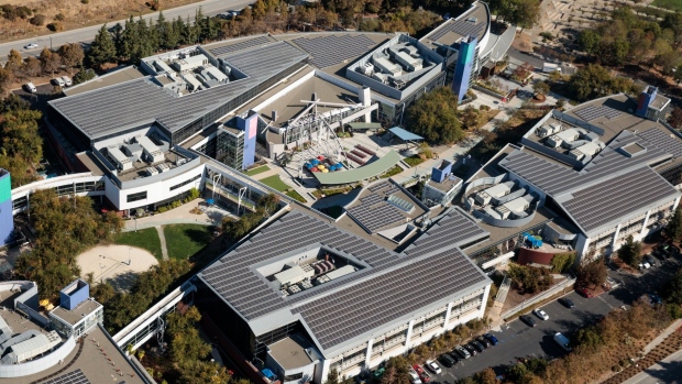 The Googleplex corporate headquarters building stands in this aerial photograph taken above Mountain View, California, U.S., on Wednesday, Oct. 23, 2019. Alphabet Inc. shares are on the cusp of a record ahead of the company's third-quarter earnings results due Monday afternoon. 