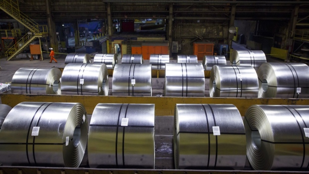 Steel coils sit at the ArcelorMittal Dofasco Inc. galvanizing mill in Hamilton, Ontario, Canada
