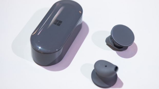 The Microsoft Corp. Surface Earbuds are displayed during a product event in New York, Oct. 2, 2019. 