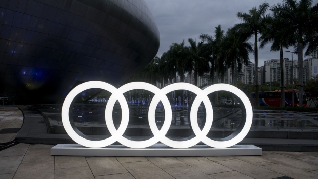 The Audi AG logo is displayed outside the OCT Creative Exhibition Center, venue for a world premiere event in Shenzhen, China, on Tuesday, June 5, 2018. Audi plans to make five new-energy vehicle models in China by 2022, the company’s China head Joachim Wedler said. 