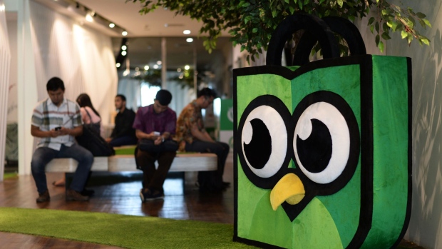 PT Tokopedia's mascot Toped sits on display in the reception area at the company's offices in Jakarta, Indonesia, on Friday, Feb. 19, 2016.