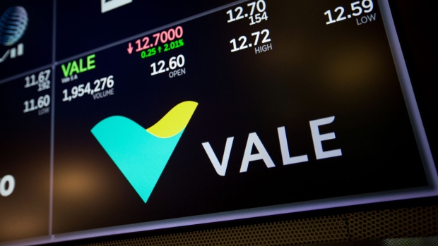 A monitor displays Vale SA signage on the floor of the New York Stock Exchange (NYSE) in New York, U.S., on Thursday, March 29, 2018. U.S. stocks climbed as markets moved toward the end of a tumultuous quarter on a high note. Equities in Europe also rose following a mixed session in Asia. 