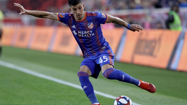 HARRISON, NEW JERSEY - APRIL 27: Emmanuel Ledesma #45 of FC Cincinnati kicks in the first half against the New York Red Bulls at Red Bull Arena on April 27, 2019 in Harrison, New Jersey. (Photo by Elsa/Getty Images)