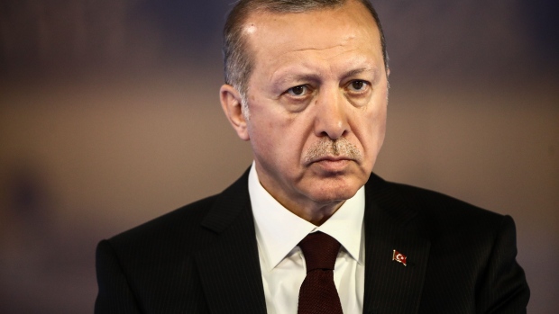 Recep Tayyip Erdogan, Turkey's president, pauses during a Bloomberg Television interview in London, U.K., on Monday, May 14, 2018.