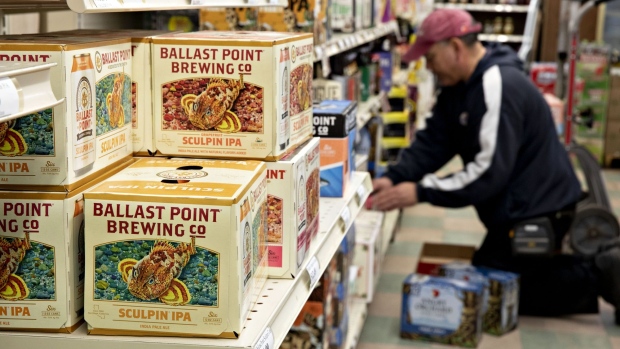 Constellation Brands Inc. Ballast Point Brewing Co. beer sits on a shelf at a store in Ottawa, Illinois, U.S., on Tuesday, April 2, 2019. Constellation Brands is scheduled to release earnings figures on April 4. 