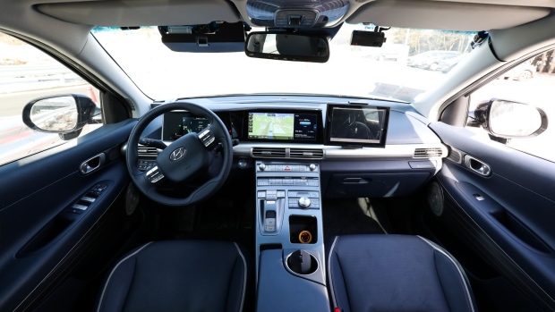 The dashboard and center console are seen inside a Hyundai Motor Co. Nexo autonomous fuel cell electric vehicle in Pyeongchang, Gangwon Province, South Korea, on Tuesday, Feb. 20, 2018. The car can drive more than 600 kilometers (370 miles) on a single five-minute charge, according to the company. 