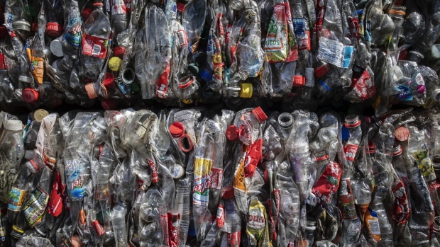 Bales of crushed plastic waste sit stacked at the Petstar PET plastic recycling plant in Toluca, Mexico State, Mexico, on Thursday, Jan. 24, 2019. Petstar recycles 3,100 million plastic bottles annually and produces 51,049 tons of food grade recycled PET resin. 