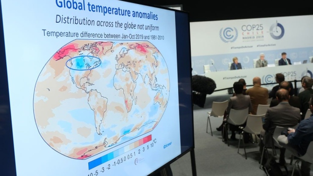 MADRID, SPAIN - DECEMBER 03: A slide shows global temperature anamolies during a presentation of data by the World Meteorological Association at the UNFCCC COP25 climate conference on December 3, 2019 in Madrid, Spain. The conference brings together world leaders, climate activists, NGOs, indigenous people and others together for two weeks in an effort to focus global policy makers on concrete steps for heading off a further rise in global temperatures. (Photo by Sean Gallup/Getty Images) Getty Images Europe