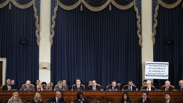 Representative Jerry Nadler, a Democrat from New York and chairman of the House Judiciary Committee, top center, delivers an opening statement during an impeachment inquiry hearing in Washington, D.C., U.S., on Wednesday, Dec. 4, 2019. The impeachment of President Donald Trump moves to one of the most polarized committees in Congress where Republicans known for their combativeness will pose a test of the judiciary chairman's ability to keep the proceedings under control.