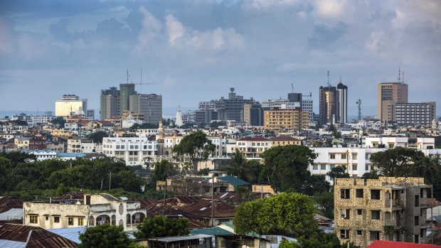 Residential and commercial buildings stand on the skyline in Mombasa, Kenya, on Thursday, Nov. 23, 2017. The country’s Treasury has already cut this year’s growth target to 5 percent from 5.9 percent as the protracted election furor damped investment and a drought curbed farm output. 