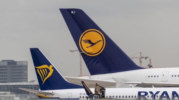 Ryanair and Lufthansa planes on the tarmac at Frankfurt airport. 