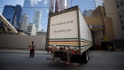 A delivery truck enters the Hudson's Bay Co. head office and flagship store in Toronto, Ontario, Canada, on Monday, Aug. 19, 2019. Canadian private equity firm Catalyst Capital Group Inc. bought a 10% stake in Hudson's Bay through a previously announced tender offer as part of its efforts to block a proposed takeover by the retailer's chairman. 