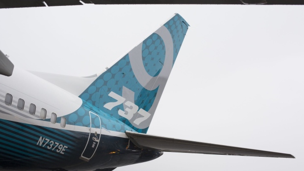 The tail of a Boeing Co. 737 Max 9 jetliner sits at the company's manufacturing facility in Renton, Washington, U.S., on Tuesday, Mar. 7, 2017.