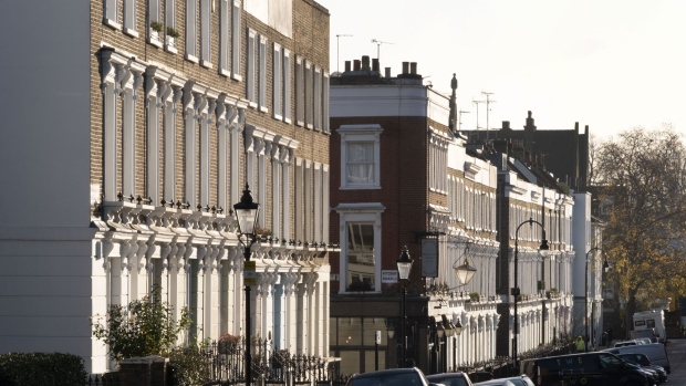 Residential townhouses stand on a road in the Primrose Hill area of London, U.K., on Friday, Nov. 29, 2019. U.K. house prices increased at their fastest pace in more than a year in November, according to Nationwide Building Society. 