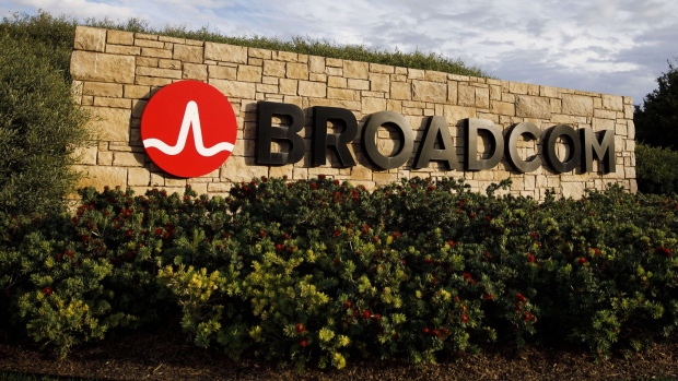 Signage is displayed outside of Broadcom Ltd. headquarters in Irvine, California, U.S., on Monday, Nov. 6, 2017. Broadcom Ltd. and its advisers are gearing up for a proxy battle, making an appeal directly to shareholders, should Qualcomm Inc. reject its $105 billion takeover offer, according to a person with knowledge of the matter. 