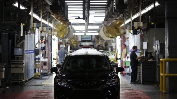Camry vehicles move through final inspection after coming off the assembly line at the Toyota Motor Corp. manufacturing plant in Georgetown, Kentucky, U.S., on Thursday, Aug. 29, 2019. Retrofitting a Camry sedan assembly line for the RAV4 SUV is part of a company mandate to update Toyota's oldest North American plant with newer technology, more efficient processes, and fresher products. 