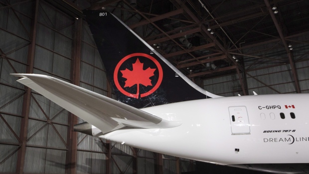 The tail of the newly revealed Air Canada Boeing 787-8 Dreamliner aircraft is seen at a hangar at th