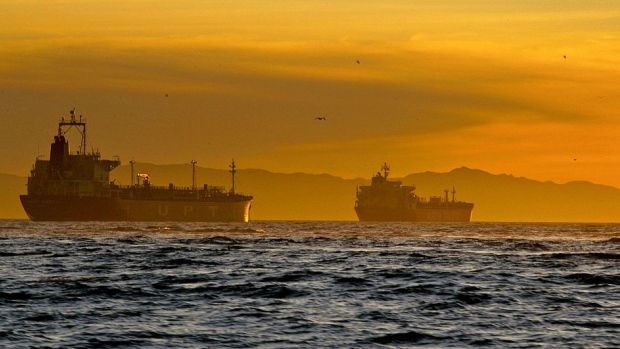 Oil tankers are anchored near the Port of Long Beach, California, U.S.