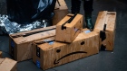Satirical shipping boxes sit outside the penthouse of Jeff Bezos