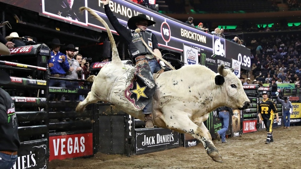 Bull rider Fabiano Vieira rides Bricktown during the 2019 Professional Bull Riders Monster Energy Buck Off at Madison Square Garden in New York on Jan. 4, 2019.