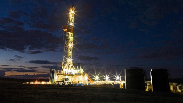 An oil drilling rig stands on the Bakken formation in Watford City, North Dakota. 