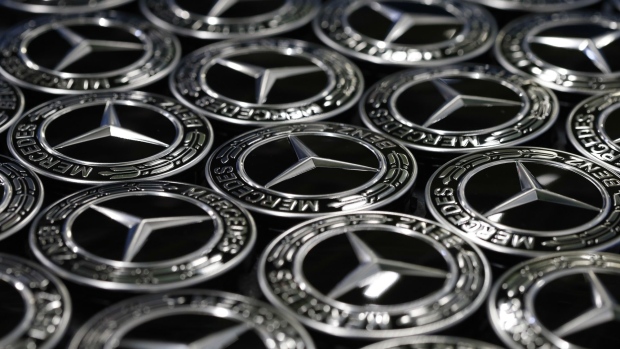 Mercedes-Benz AG trident logo decal badges sit on a tray on the assembly line at the premium automaker's factory, operated by Daimler AG, in Rastatt, Germany, on Monday, Feb. 4, 2019. Daimler announce full year earnings on Feb. 6. 