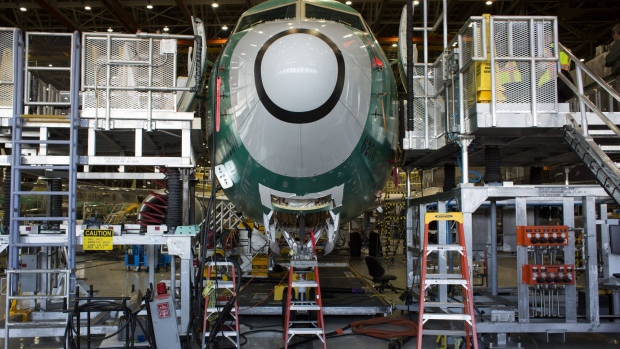 The nose of a Boeing Co. 737 MAX 9 jetliner sits during production at the company's manufacturing facility in Renton, Washington, U.S., on Monday, Feb. 13, 2017. Photographer: David Ryder/Bloomberg