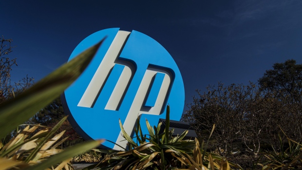 Signage is displayed outside HP Inc. headquarters in Palo Alto, California, U.S., on Thursday, Nov. 7, 2019. 