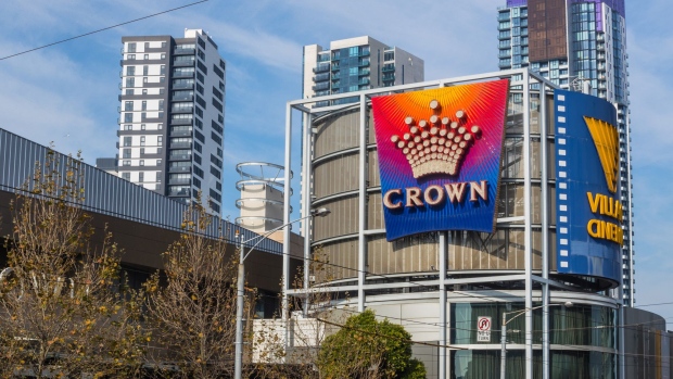 The Crown Resorts Ltd. logo is displayed at the Crown Melbourne casino and entertainment complex in Melbourne, Australia, on Wednesday, Aug. 2, 2017. Billionaire James Packer's Crown Resorts is scheduled to report full-year results on Aug. 4. Photographer: Mark Dadswell/Bloomberg