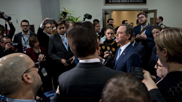 Adam Schiff, right, speaks during a news conference in the Senate Subway at the U.S. Capitol in Washington, D.C. on Jan. 24, 2020. Photographer: Andrew Harrer/Bloomberg