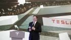 Elon Musk, chief executive officer of Tesla Inc., pauses while speaking during the Tesla China-Made Model 3 Delivery Ceremony at the company's Gigafactory in Shanghai, China, on Tuesday, Jan. 7, 2020. Tesla kicked off production in China, marking a major step in Musk’s global push for electric-vehicle domination and heralding what could be the dawn of real competition in the world’s largest EV market. 