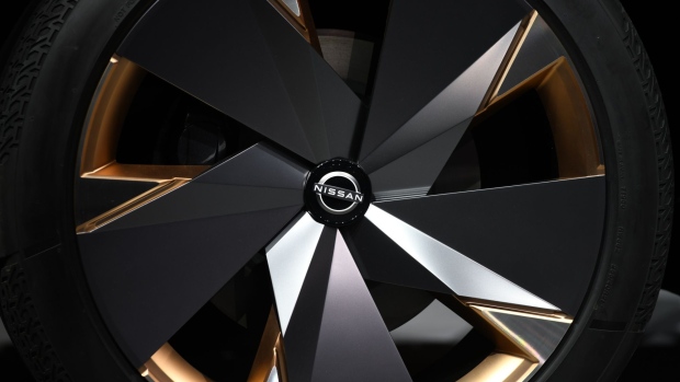 The Nissan Motor Co. logo is displayed on a wheel of the company's Ariya concept electric vehicle during the media day of the Tokyo Motor Show in Tokyo, Japan, on Wednesday, Oct. 23, 2019. The 46th auto show will be held in the Odaiba district in Tokyo from Oct. 23 to Nov. 4. Photographer: Noriko Hayashi/Bloomberg