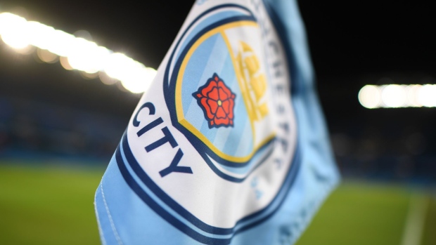MANCHESTER, ENGLAND - JANUARY 14: A corner flag with the Manchester City logo is seen inside the stadium prior to the Premier League match between Manchester City and Wolverhampton Wanderers at Etihad Stadium on January 14, 2019 in Manchester, United Kingdom. (Photo by Michael Regan/Getty Images) Photographer: Michael Regan/Getty Images Europe