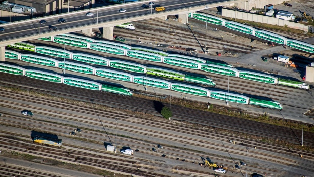 Metrolinx GO passenger trains sit in a rail yard in this aerial photograph taken above Toronto, Ontario, Canada, on Monday, Oct. 2, 2017. Canada's trade picture continued to deteriorate in August as exports dropped for a third straight month and the deficit unexpectedly widened. Photographer: James MacDonald/Bloomberg