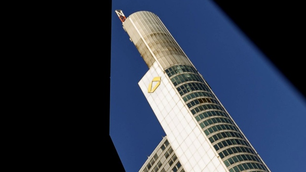 The Commerzbank AG logo sits on the bank's headquarters in Frankfurt, Germany, on Sunday, Aug. 5, 2018. Germany’s second biggest bank reports half year earnings on Aug. 7. Photographer: Alex Kraus/Bloomberg