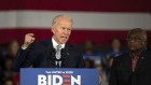 Former Vice President Joe Biden, 2020 Democratic presidential candidate, left, speaks during a primary-night rally in Columbia, South Carolina, U.S., on Saturday, Feb. 29, 2020. Biden was the only candidate to plan a primary-night event in South Carolina. The others had moved on to Super Tuesday states.