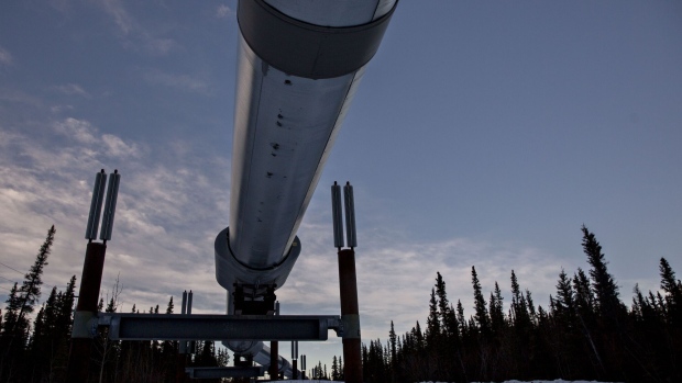 The Trans Alaska Pipeline System (TAPS) stands near Copperville, Alaska, U.S., on Tuesday, Feb. 14, 2017. Four decades after the Trans Alaska Pipeline System went live, transforming the North Slope into a modern-day Klondike, many Alaskans fear the best days have passed. Photographer: Daniel Acker/Bloomberg