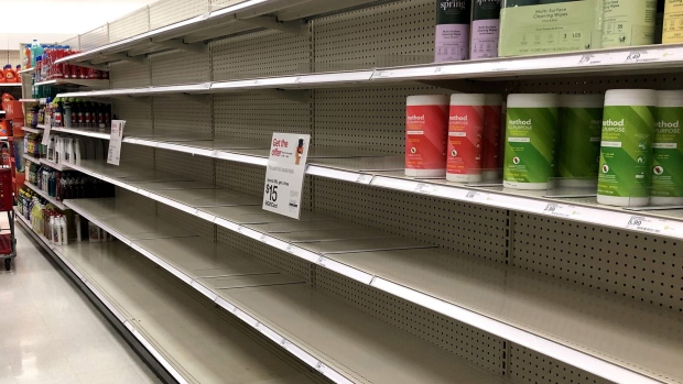 Shelves where disinfectant wipes are usually displayed is nearly empty at a Target store on March 02, 2020 in Novato, California.