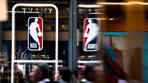 An NBA logo is shown at the 5th Avenue NBA store on March 12, 2020 in New York City.