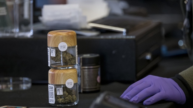 Jars of cannabis at the Harborside dispensary in Oakland, California, on March 23. Photographer: David Paul Morris/Bloomberg