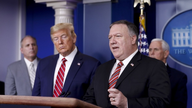 Mike Pompeo during a Coronavirus Task Force news conference at the White House on March 20. Photographer: Al Drago/Bloomberg