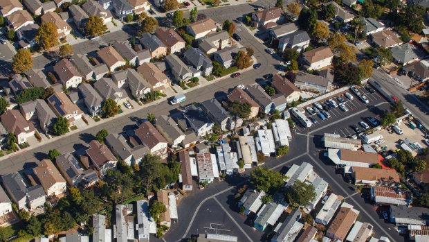 Houses stand in this aerial photograph taken near Mountain View, California, U.S., on Wednesday, Oct. 23, 2019. Facebook Inc. is following other tech titans like Microsoft Corp. and Google, pledging to use its deep pockets to ease the affordable housing shortage in West Coast cities. The social media giant said that it would commit $1 billion over the next decade to address the crisis in the San Francisco Bay Area. Photographer: Sam Hall/Bloomberg