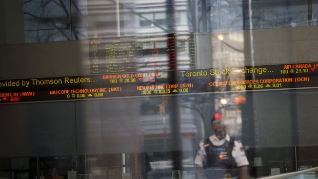 A Toronto Stock Exchange (TSX) ticker is seen in the financial district of Toronto, Ontario, Canada, on Monday, March 16, 2020.  