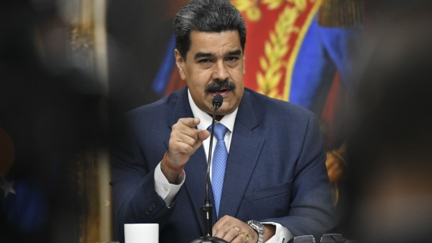 Nicolas Maduro, Venezuela's president, speaks during a press conference at Miraflores Palace in Caracas, Venezuela, on Friday, Feb. 14, 2020. "The day the courts of the Republic order Juan Guaido's detention for the crimes he has committed, he will go to jail, rest assured," Maduro said. Photographer: Carlos Becerra/Bloomberg