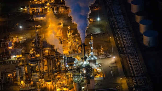  A gas and oil refinery is seen in an aerial view in the early morning hours of July 30, 2013 in Bismarck, North Dakota.