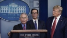 National Institute of Allergy and Infectious Diseases Director Anthony Fauci speaks as U.S. President Donald Trump and Treasury Secretary Steven Mnuchin look on during a briefing on the coronavirus pandemic at the White House on March 25, 2020.