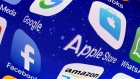 PARIS, FRANCE - MAY 31: In this photo illustration, logos of the Google, Apple, Facebook, and Amazon applications (GAFA) are displayed on the screen of an Apple iPhone on May 31, 2018 in Paris, France. The acronym GAFA refers to the four most powerful companies in the world of the internet: Google, Apple, Facebook and Amazon. The European Union has decided to better tax the giants of the internet with Brussels proposing to tax 3% of income generated by the data of users of Internet companies. This new tax would bring in 5 billion euros a year in the European Union. (Photo by Chesnot/Getty Images) Photographer: Chesnot/Getty Images Europe